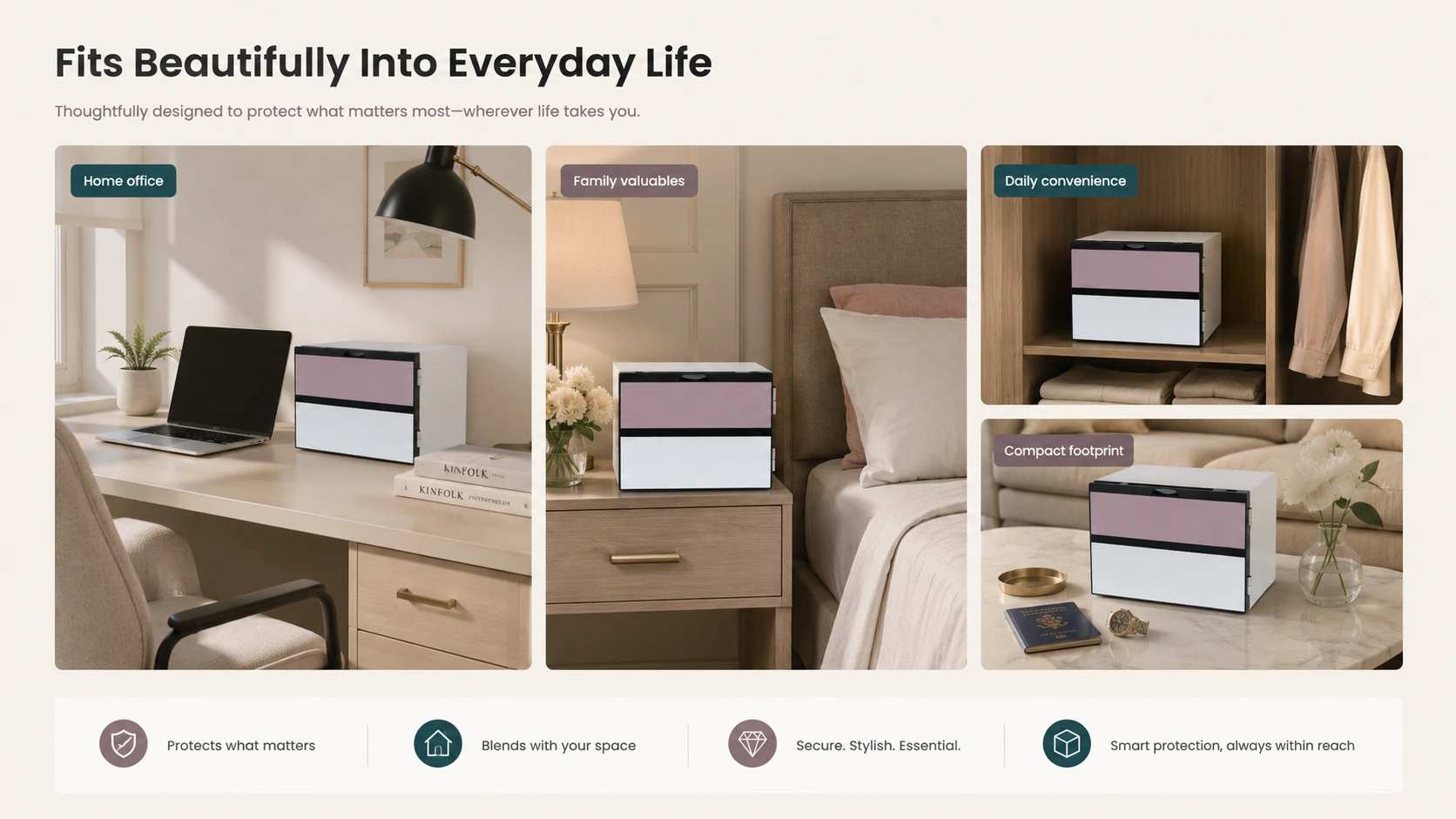 Ornis safe placed in everyday spaces including a home office, bedroom nightstand, wardrobe shelf, and living room table with compact footprint messaging.